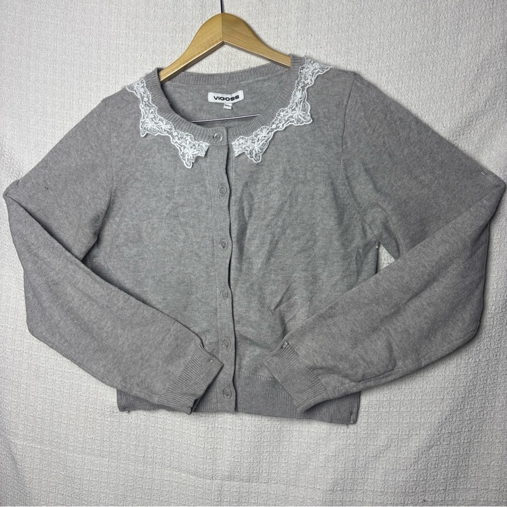 Vigoss Heather Gray Cardigan with Delicate Lace‎ Trim
